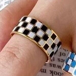 Retro Black and White Checkered Gold Plated Titanium‎ Ring Band Size 6